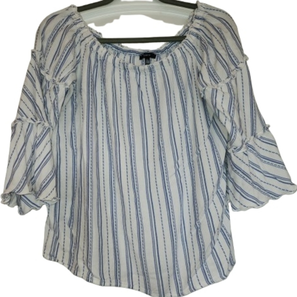 Drew White/Blue Stripe Ruffle/Bell Sleeve Top Size L Feminine Flowy Elastic Neck